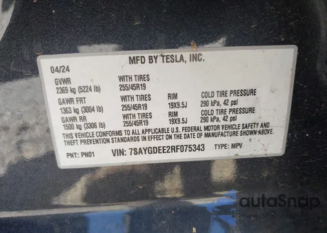 2024 Tesla Model Y Long Range Dual Motor All-Wheel Drive из США, поврежденный, VIN 7SAYGDEE2RF075343